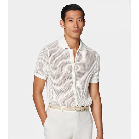 Suitsupply Off-White Crochet Polo Cardigan Cotton Silk Mens Medium - Picture 1 of 10